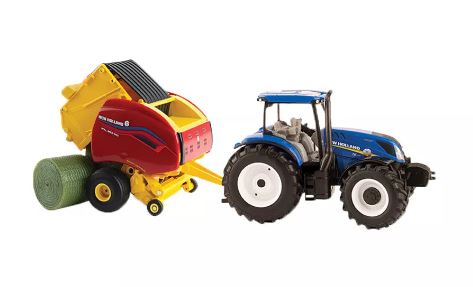 Tomy ERTL 1/32 New Holland T6.180 Tractor with Roll-Belt 560 Round Baler & 3 Bales