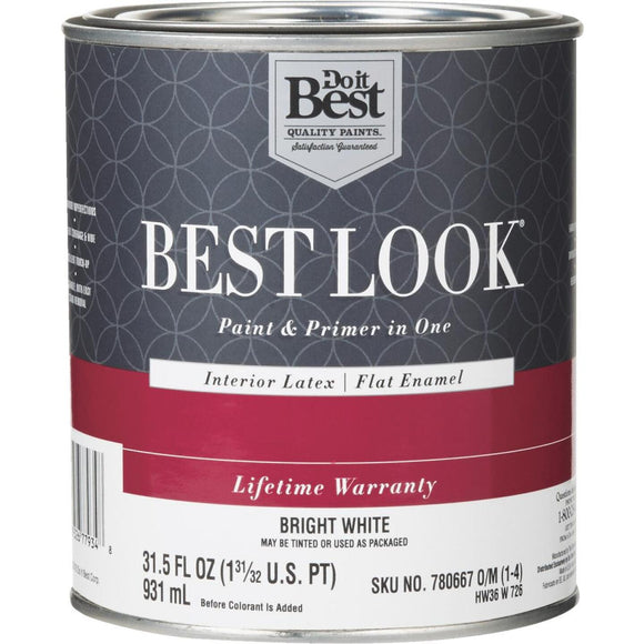 Best Look Latex Paint & Primer In One Flat Enamel Interior Wall Paint, Bright White, 1 Qt.